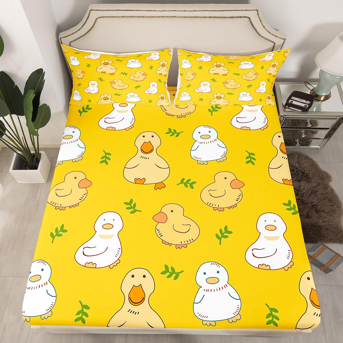 Erosebridal Cartoon Duck Bed Sheets for Kids Boys Girls,Kawaii Yellow Duck Sheet Set,Cute Hand Drawn Goose Bedding Set Full,Lovely Farmhouse Animal Fitted Sheet + Flat Sheet + 2 Pillow Shams