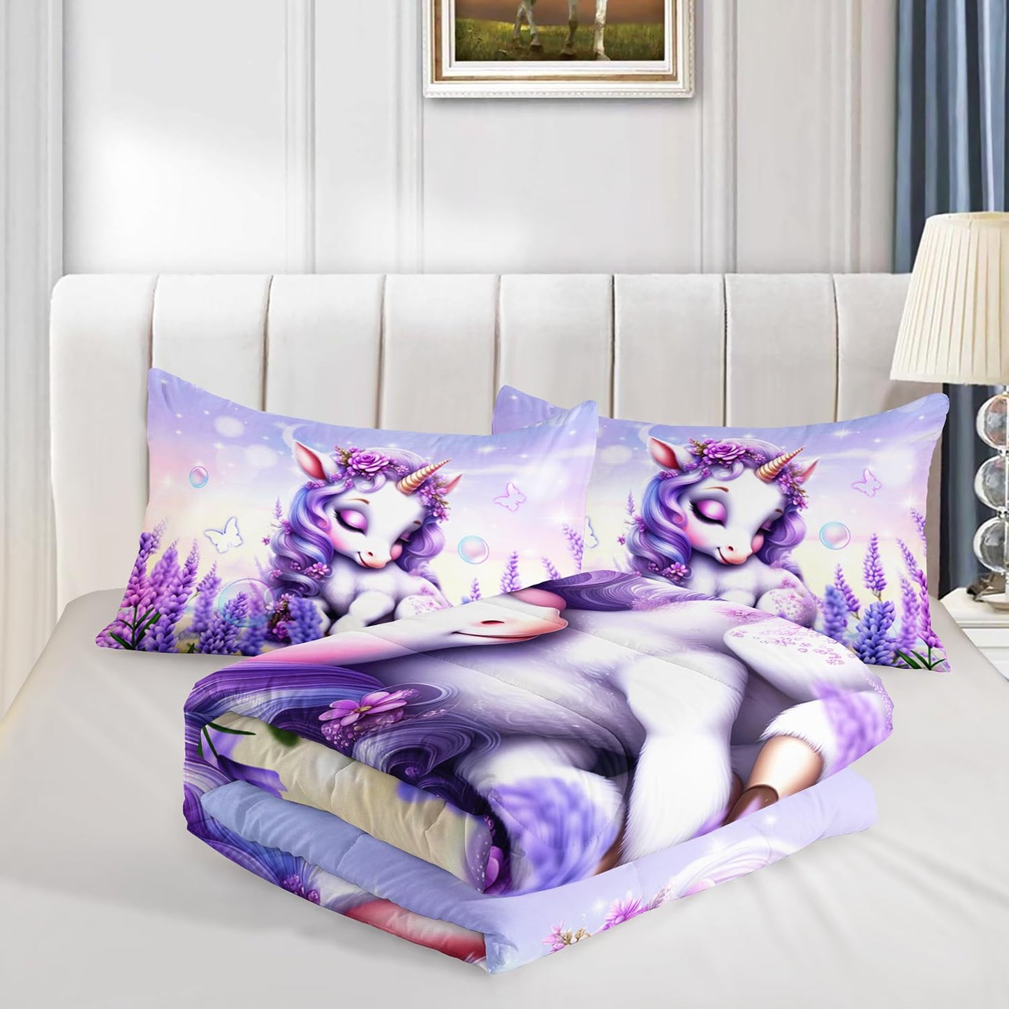 UEVBF Cartoon Unicorn Bedding Twin Size for Toddler Girls Room Decor,Lavender Flash Kids Comforter Sets with 2 Pillowcases.