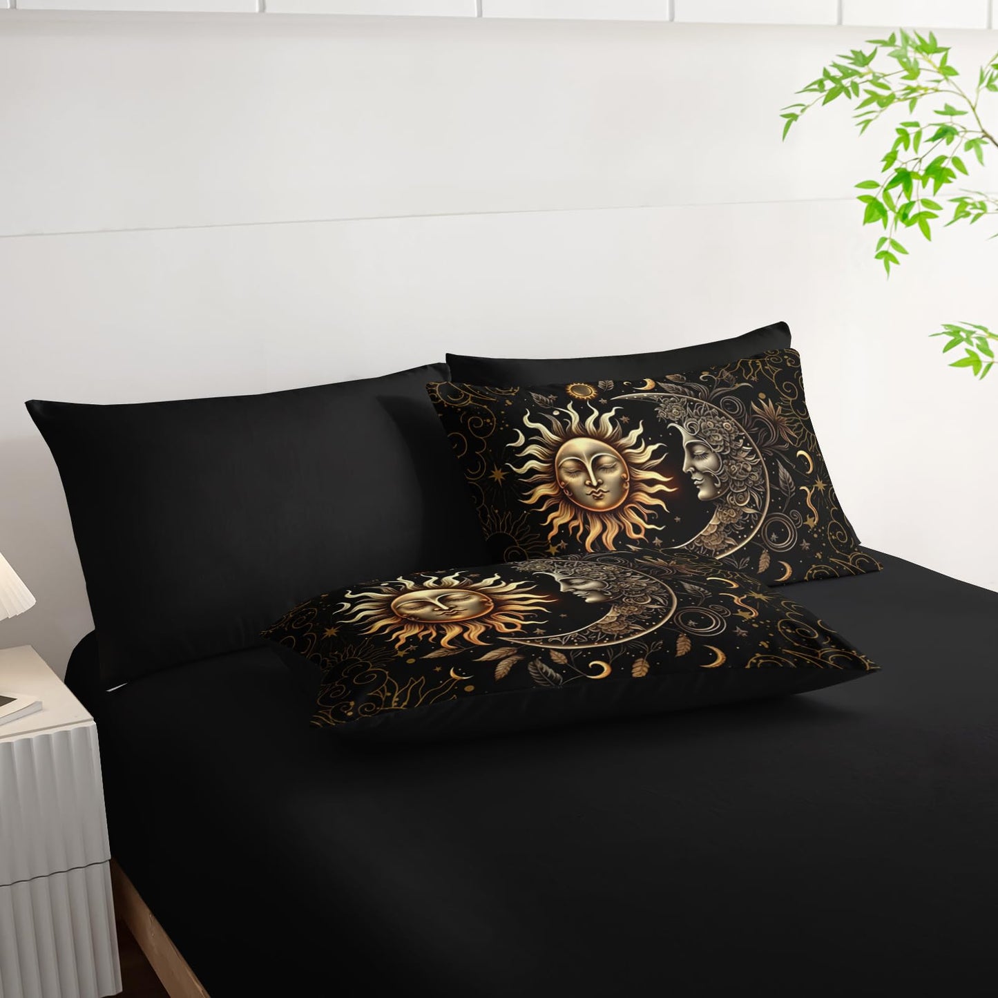 AILONEN Sun and Moon Comforter Set Twin - 7Pcs Soft Black Gold Boho Bed in a Bag -Including Comforter,Fitted Sheet,Flat Sheet,2 Pillowcases,2 Pillow Shams for Room