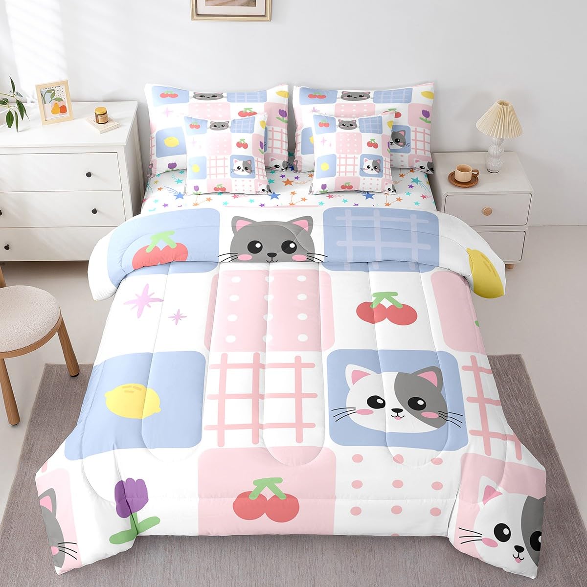 Feelyou Cute Cat 7 Piece Bedding Set Queen Size Pink Blue Geometric Comforter Set with Sheets for Kids Boys Girls Teens Cherry Lemon Bed in a Bag Cartoon Design Bed Set