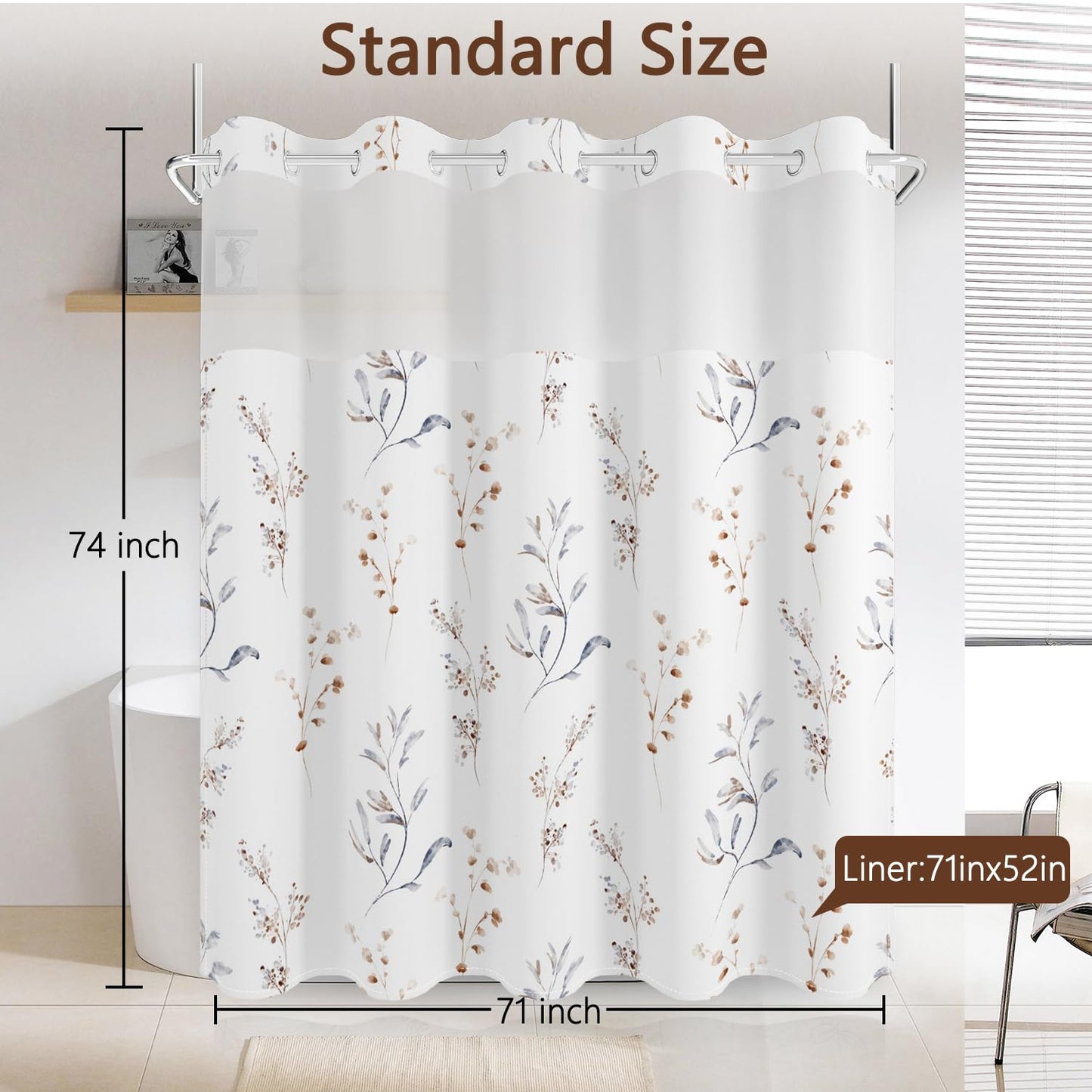 No Hook Shower Curtain with Snap in Fabric Liner Set, Waterproof & Washable, Boho Beige Floral Shower Curtains for Bathroom, Elegant Neutral Modern Hotel Botanical Flower Bathroom Curtain, 71x74 inch