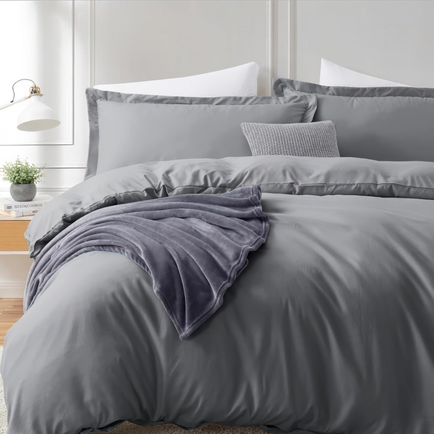 Hearth & Harbor Queen Size Duvet Cover & Bed Sheet Set Grey, 7 Piece Soft Double Brushed Bedding Set, Includes Duvet Cover, Flat Sheet, Fitted Sheet, Pillowcases and Pillow Shams