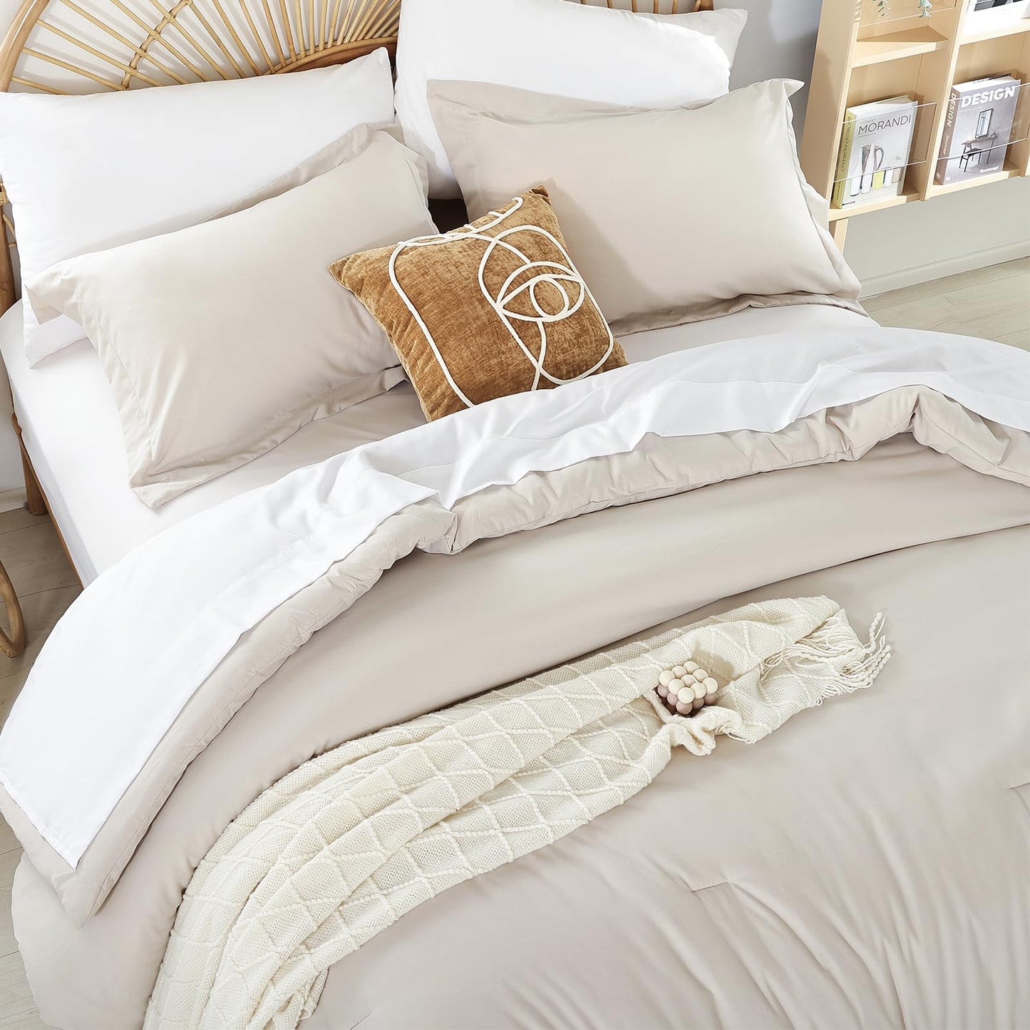 weigelia Queen Comforter Set 7 Pieces Beige Comforter Set Queen Size Bedding Set Soft Microfiber Comforter with Fitted Sheets, Flat Sheets, Pillow Shams, and Pillowcases
