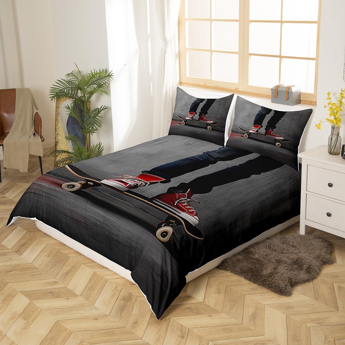 Feelyou Youth Skateboard Comforter Cover Set Boys Teenage Sports Theme Duvet Cover Hippie Skater Bedding Set 2 Pillowcases Full Size