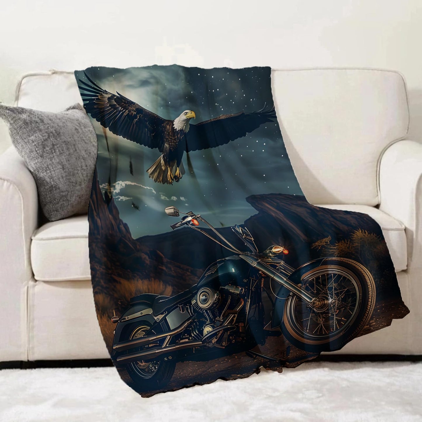 Freedom Ride Motorcycle Throw Blanket for Adults Kids, 50x60 in, Bald Eagle Theme Flannel Blankets for Bedroom, Couch, Travel, Home Decor, Fuzzy Soft Cozy Warm Gifts