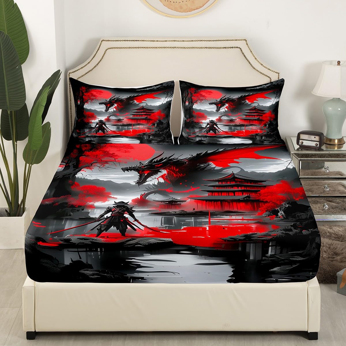 Erosebridal Japanese Style Full Bed Set Dragon Bed Sheets Set Magical Animals Flat Fitted Sheet Western Wildlife Theme Bedding Set for Boys Kids Adult Bedroom, with 2 Pillow Cases