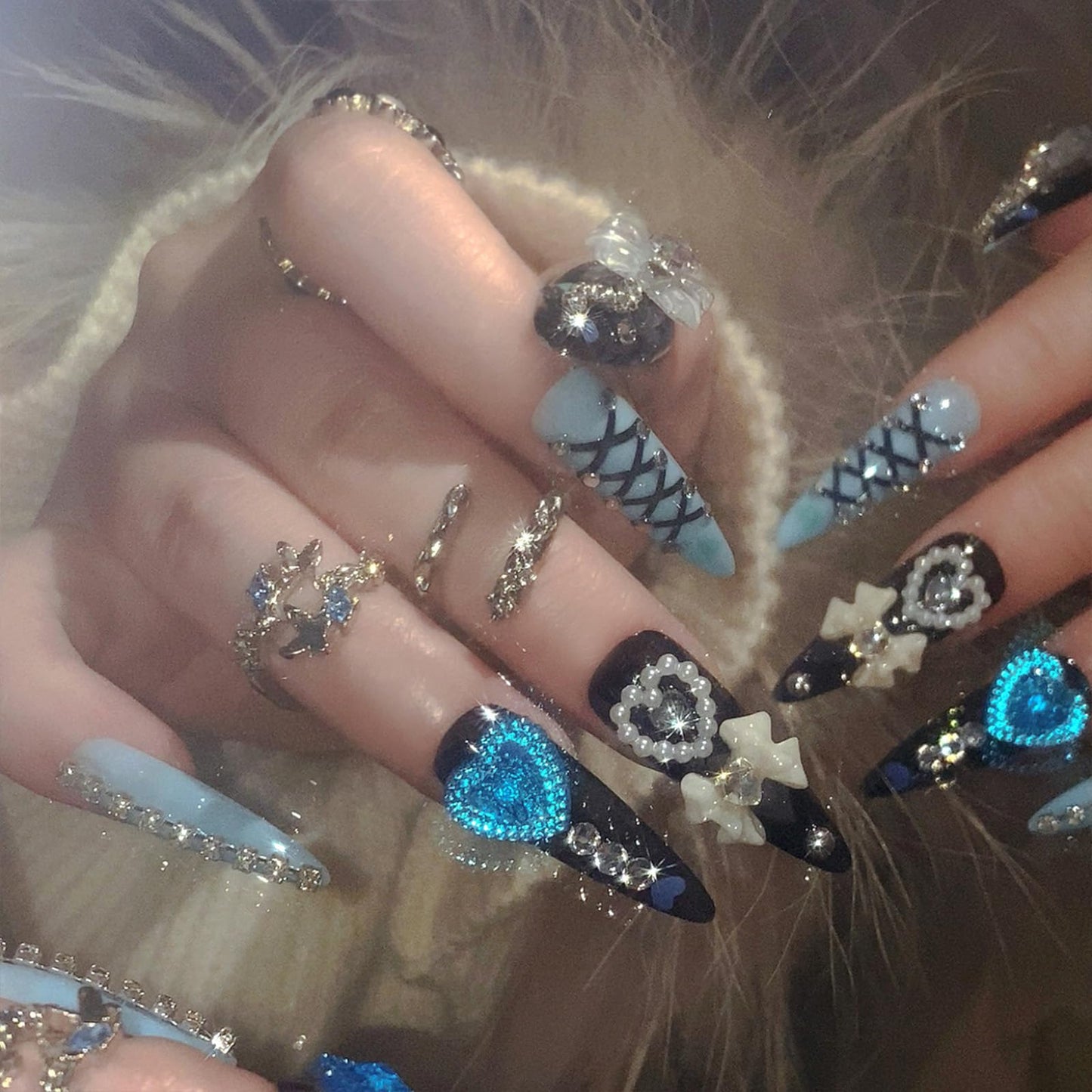 SINHOT Stiletto Press on Nails - Long Fake Nails, Glossy Finish, Handmade Luxury Charms & Black Blue, DIY Artificial False Nail Art - 24 Pcs Nail Kit with Glue
