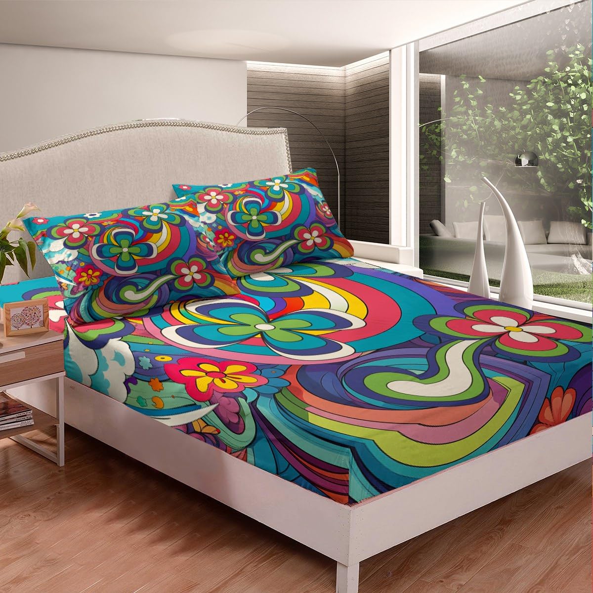 Hippie Boho Floral Bedding Set Colorful Groovy Flower Power Bed Sheets Full Psychedelic Spring Garden Botanical Sheet Set For Girls Teen Women 60S 70S Bohemian Fitted Sheet + Flat Sheet 4 Pcs