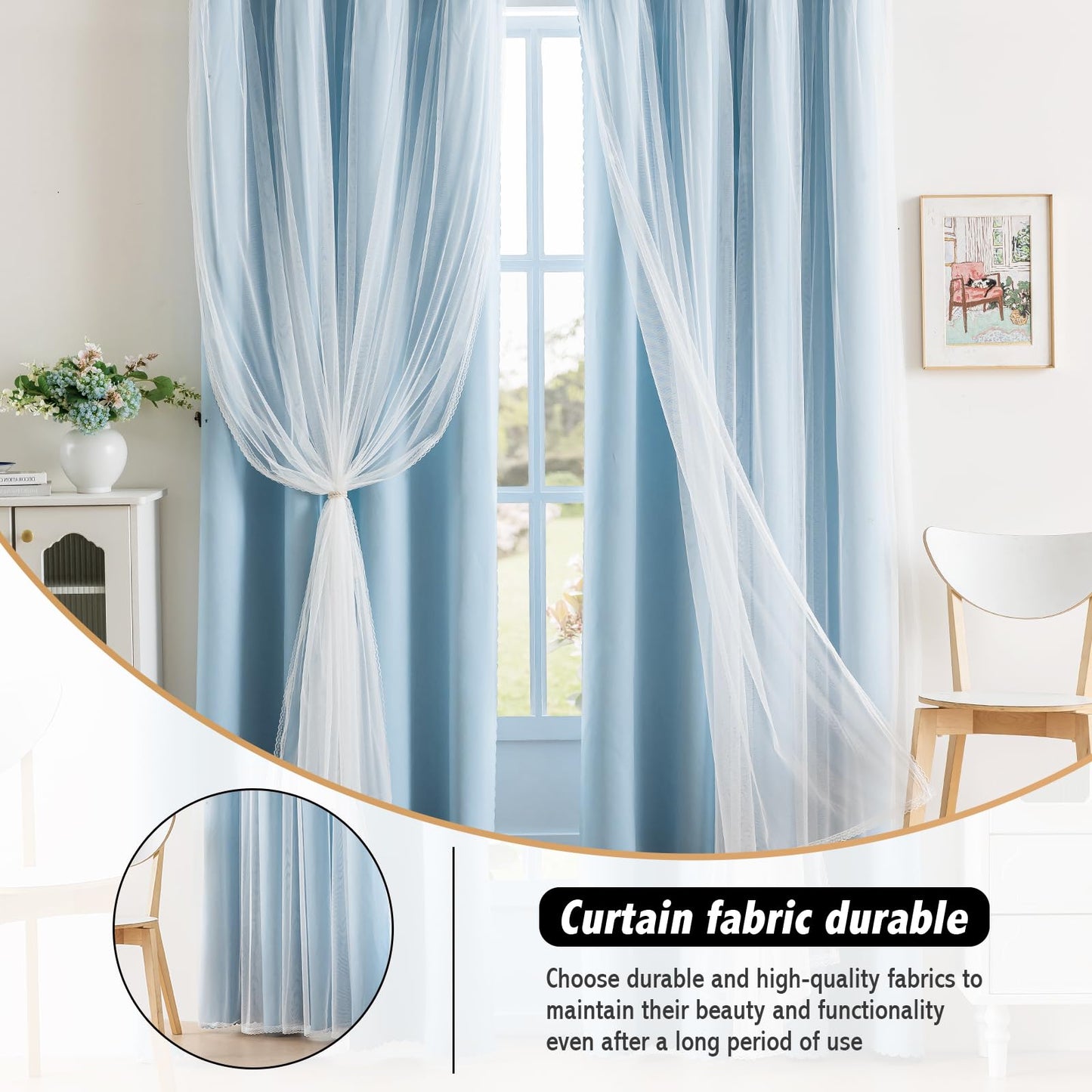 Anytime Home Curtains Blackout and Sheer Layered Solid Window Curtain Panel Pair with Grommet Top, 35Wx90L，Sky Blue