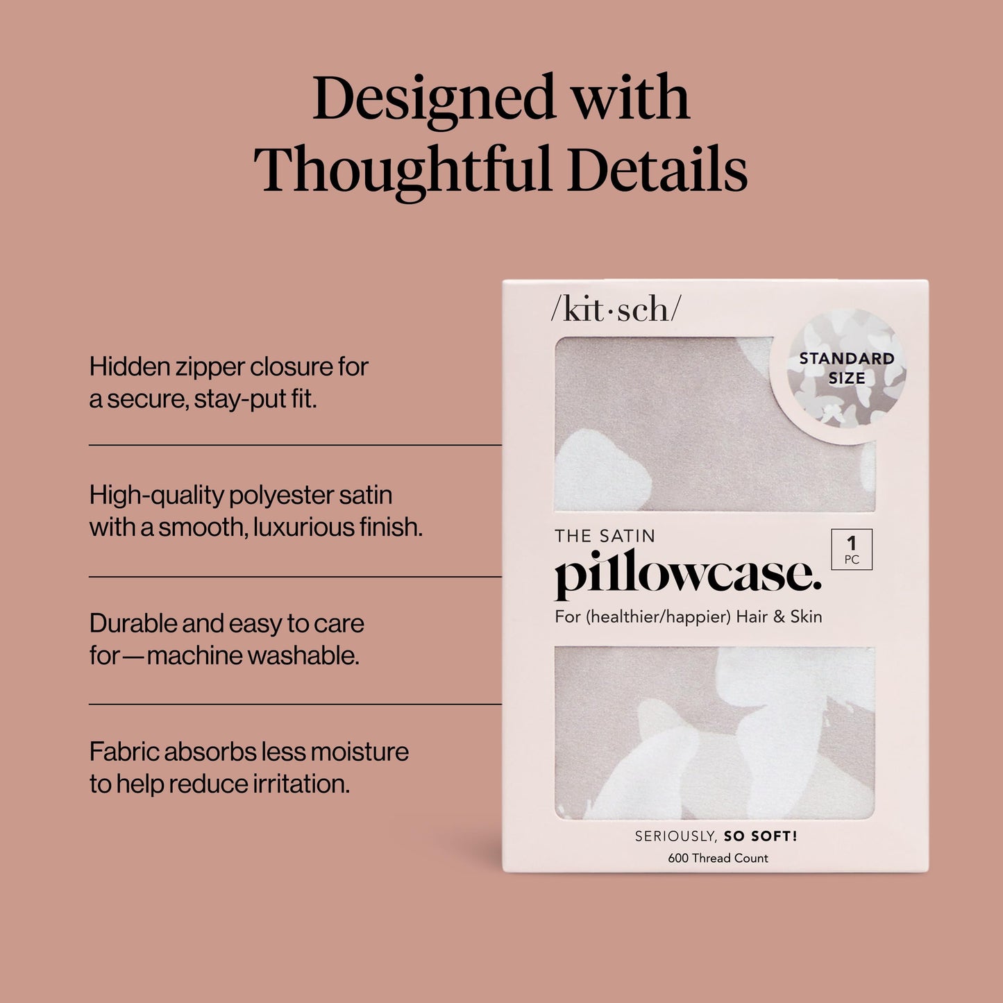 Kitsch Satin Pillowcase with Zipper for Hair & Skin - Softer Than Silk Pillow Cases, Cooling Satin Pillow Case, Wrinkle-Free, Machine Washable, Pillow Cases Standard Size 19x26 - Champagne Butterfly