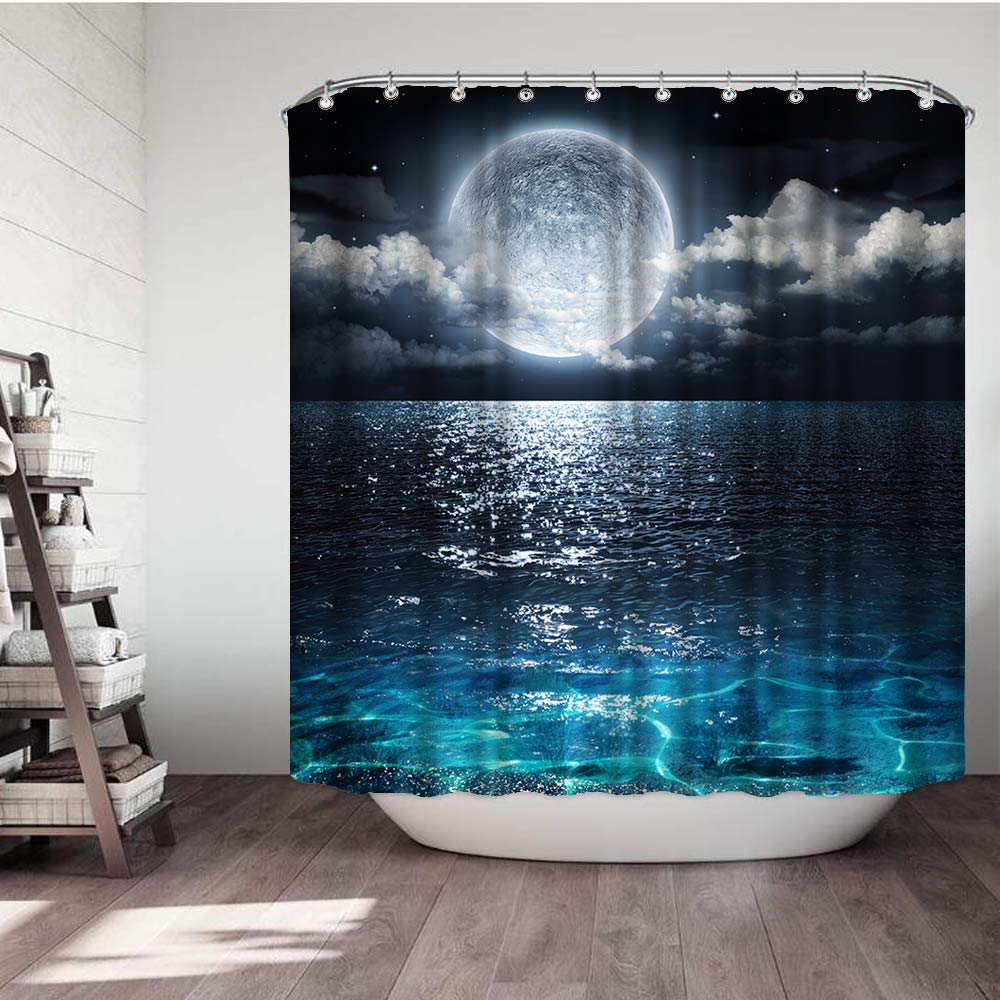 VividHome Shower Curtain Full Moon Over Ocean Landscape Waterproof Fabric Shower Curtain for Bathroom Decor Set with Hooks 72 x 72 Inches