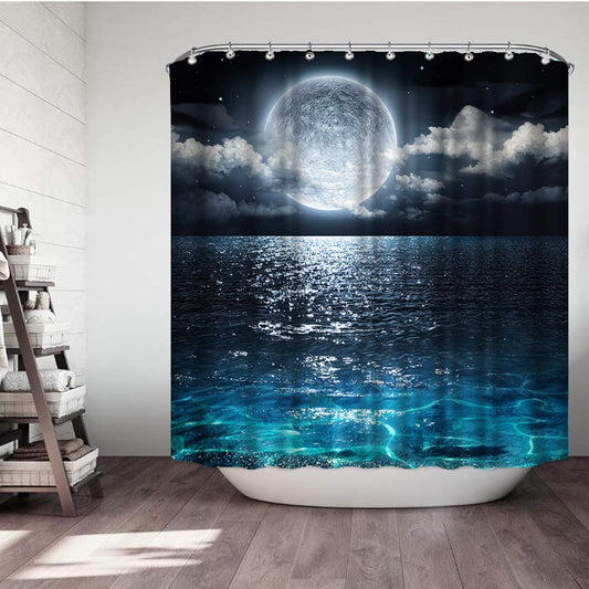 VividHome Shower Curtain Full Moon Over Ocean Landscape Waterproof Fabric Shower Curtain for Bathroom Decor Set with Hooks 72 x 72 Inches