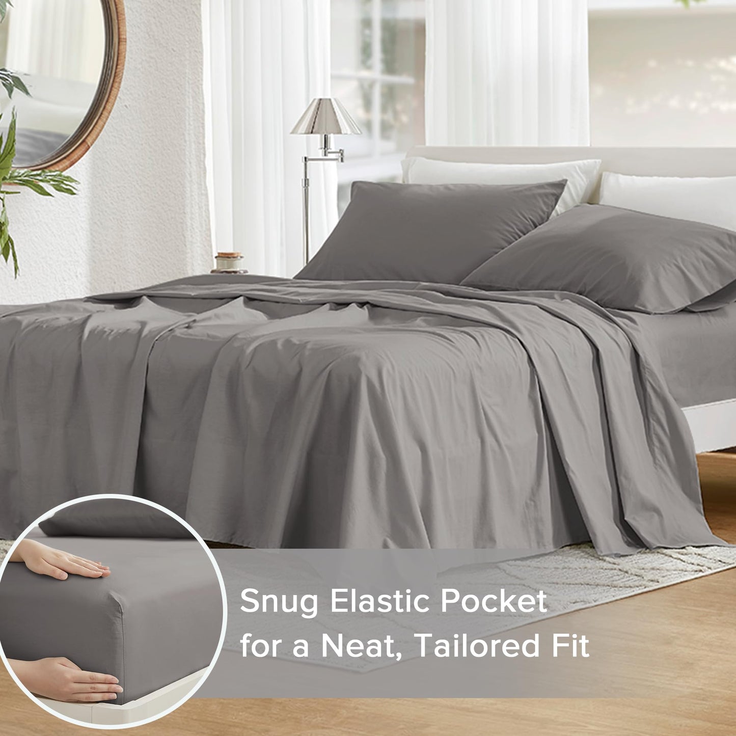 Comfort Spaces 100% Cotton Sheets Full, Breathable & Ultra Soft Cotton Sheets, Naturally Cool Cotton Bed Sheets with 14" Elastic Pocket Fits up to 16" Mattress, All Season Sheet Set, Dark Gray 4 Piece