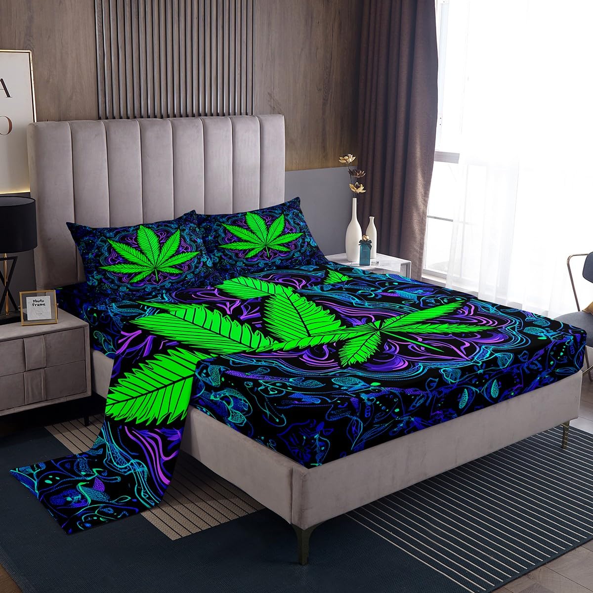 Erosebridal Bed Sheets Full Size Leaves Fitted Sheet Green Chic Top Sheet Purple Leaf Botanical Sheet Set Bohemian Style Plant Flat Sheet 4Pcs