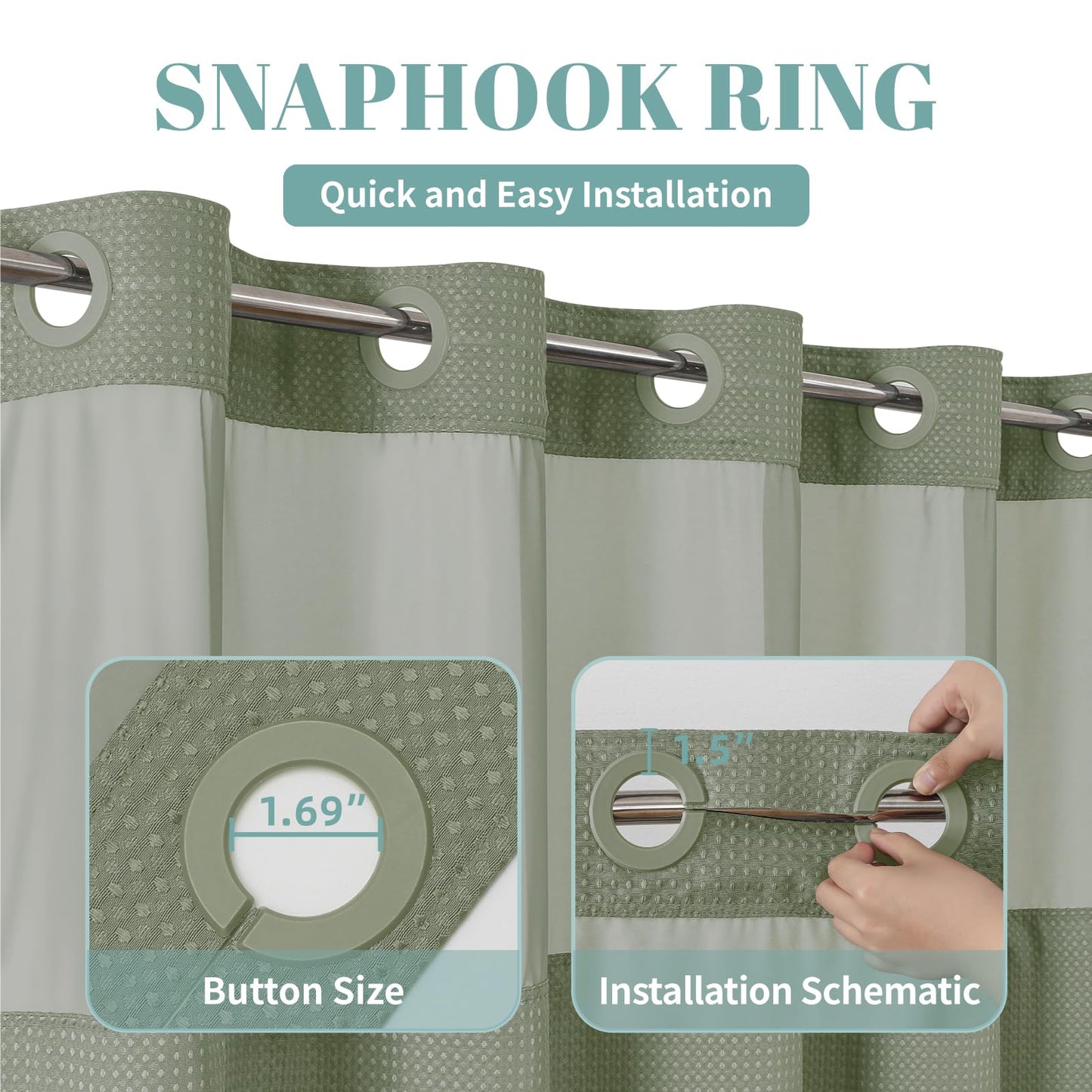 eachope SageGreen Extra Long No Hook Waffle Weave Shower Curtain with snap-in Liner Replacement, 230GSM Waterproof Fabric Hotel Shower Curtain Set for Bathroom, Through Mesh Top Window,71Wx98H