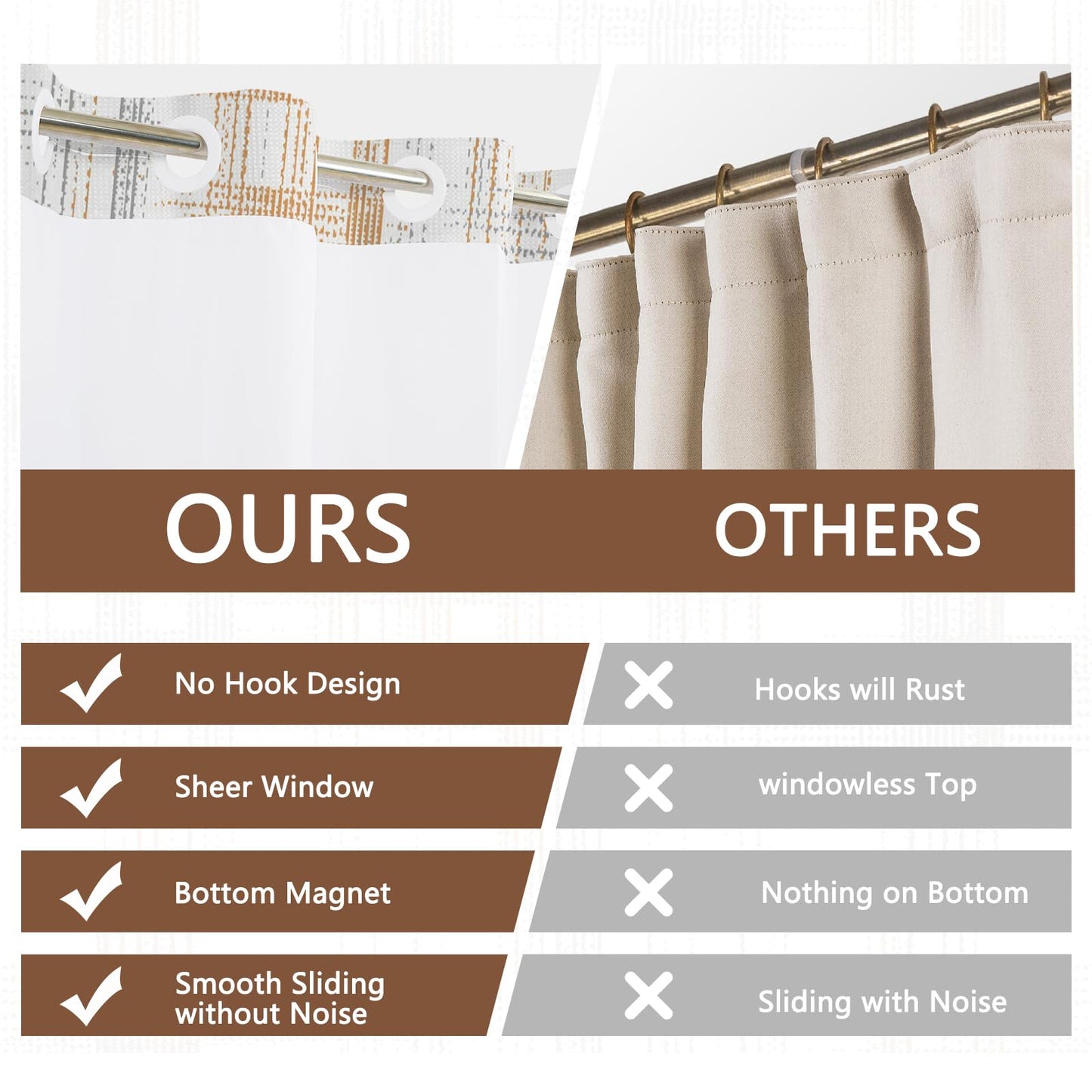 NAEMBCU No Hook Waffle Shower Curtain with Snap in Liner 71x74 Inch