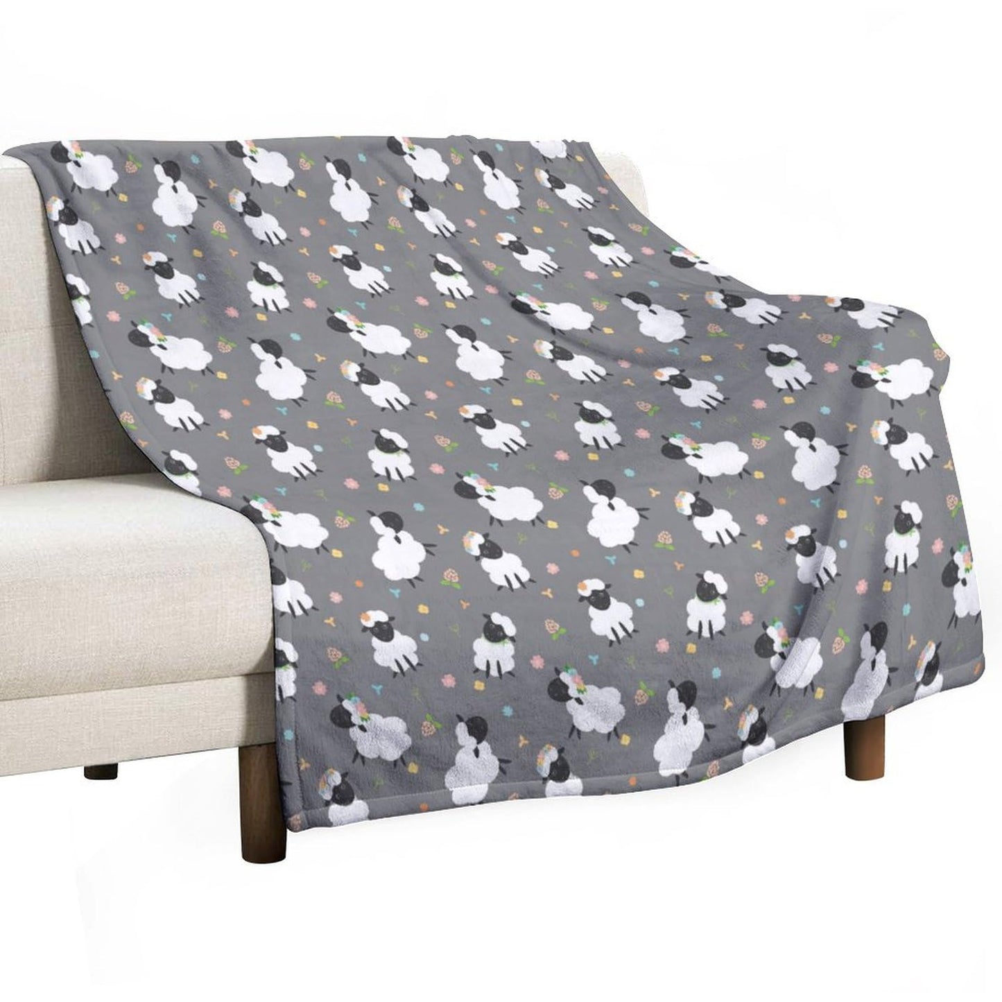 Cute Black Sheep Blanket Colorful Flower Cartoon Sheep Gray Soft Cozy Lightweight Throw Blanket for Children Girls Boys Bedroom Living Room Dorm Chair Sofa Travel 40x50in