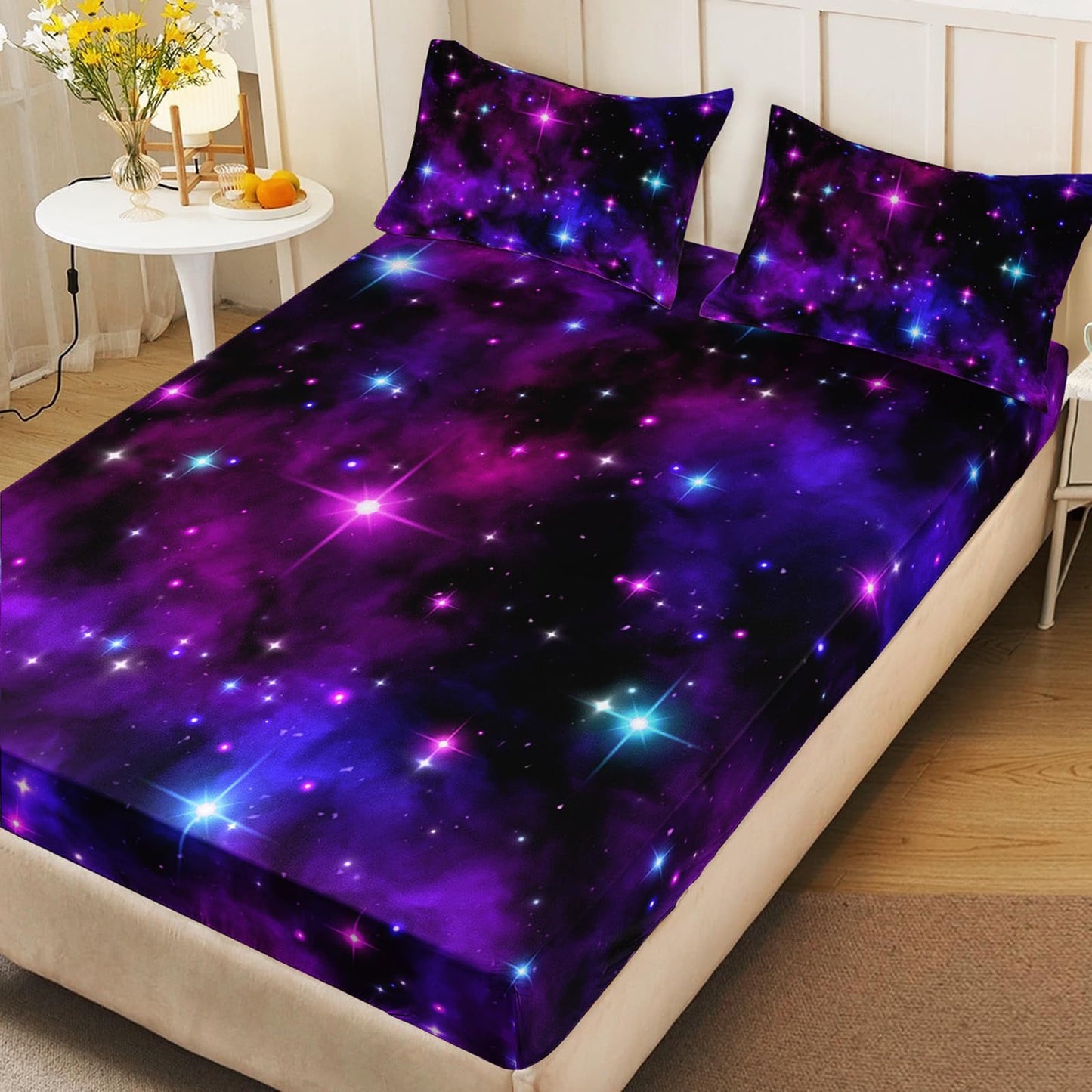 AILONEN Galaxy Fitted Sheet Set Twin XL Size, Outer Space Starry Sky Bedding Set for Kids Boys,Purple Theme Bed Sheet Set for All Season,3-Pieces,1 Fitted Sheet and 2 Pillowcases,Soft
