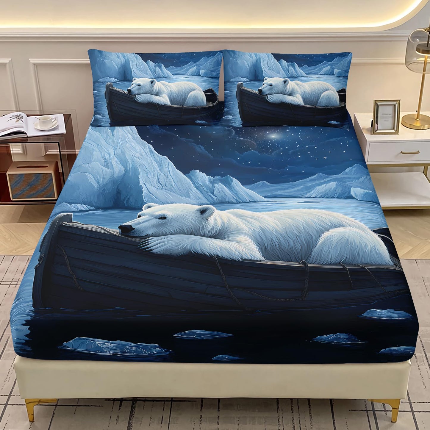 AILONEN Cartoon Polar Bear Fitted Sheet Set Twin XL Size,Starry Night Arctic Animal Bed Sheet Set for Kids Teens,Iceberg Polar Bear Fitted Sheet with 2 Pillowcases,3Pcs