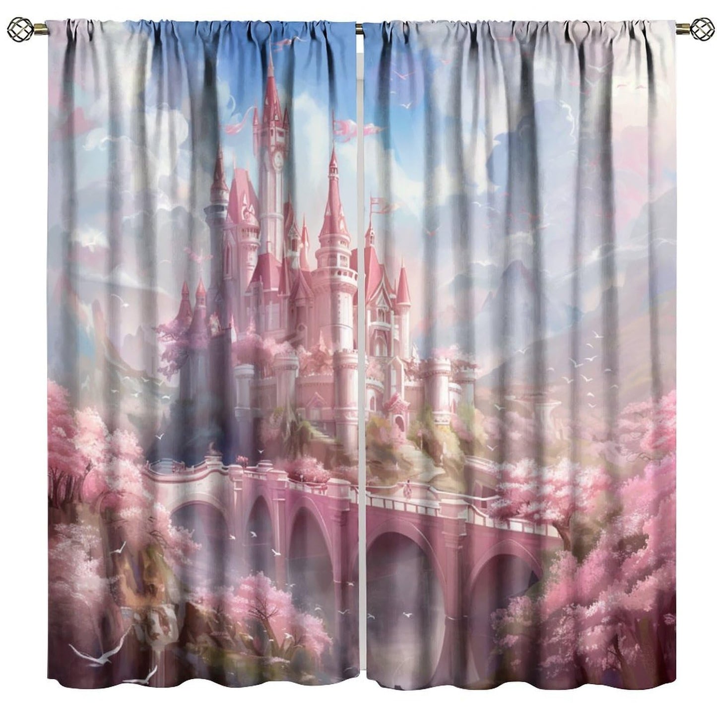 HZOHNAGO Castle Curtains Cherry Blossom Pink Dreamy Castle Birds Mountain Pattern for Girls Room Decoration Print Decor Rod Pocket Window Drapes for Bedroom Living Room 42x45in