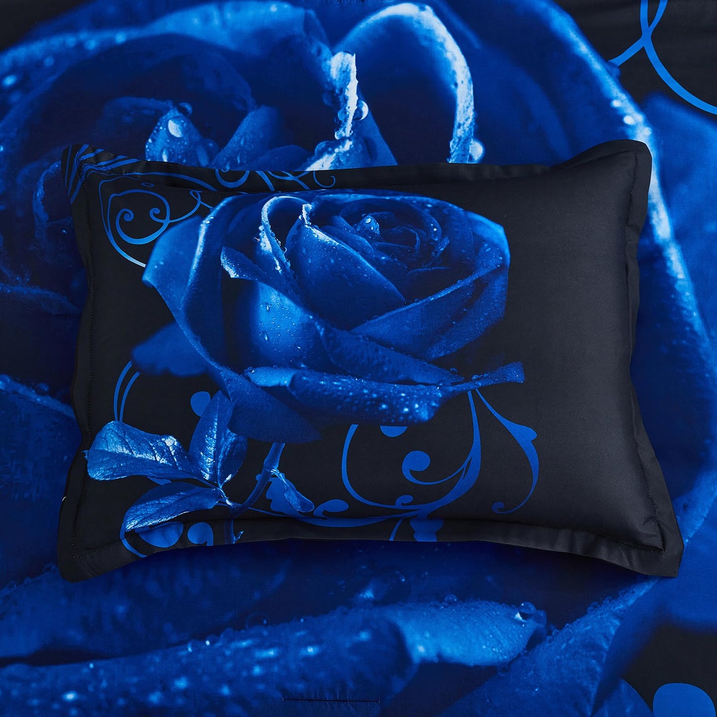 Xruibed Blue Comforter Set King 7 Piece Bed in a Bag Blue Rose Comforter with Sheet Set Soft Micorfiber Reversible Bedding Set (1 Comforter,2 Pillow Shams,1 Flat Sheet,1 Fitted Sheet,2 Pillowcases)