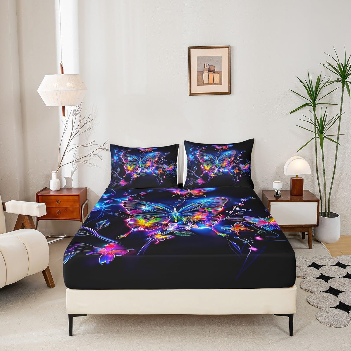 Feelyou Cute Butterfly Fitted Sheet with 1 Pillowcase Twin Size Glitter Bed Sheets Set 16" Deep Pocket Boys Girls Purple Butterfly Bedding Animals Teens Bedroom Decor