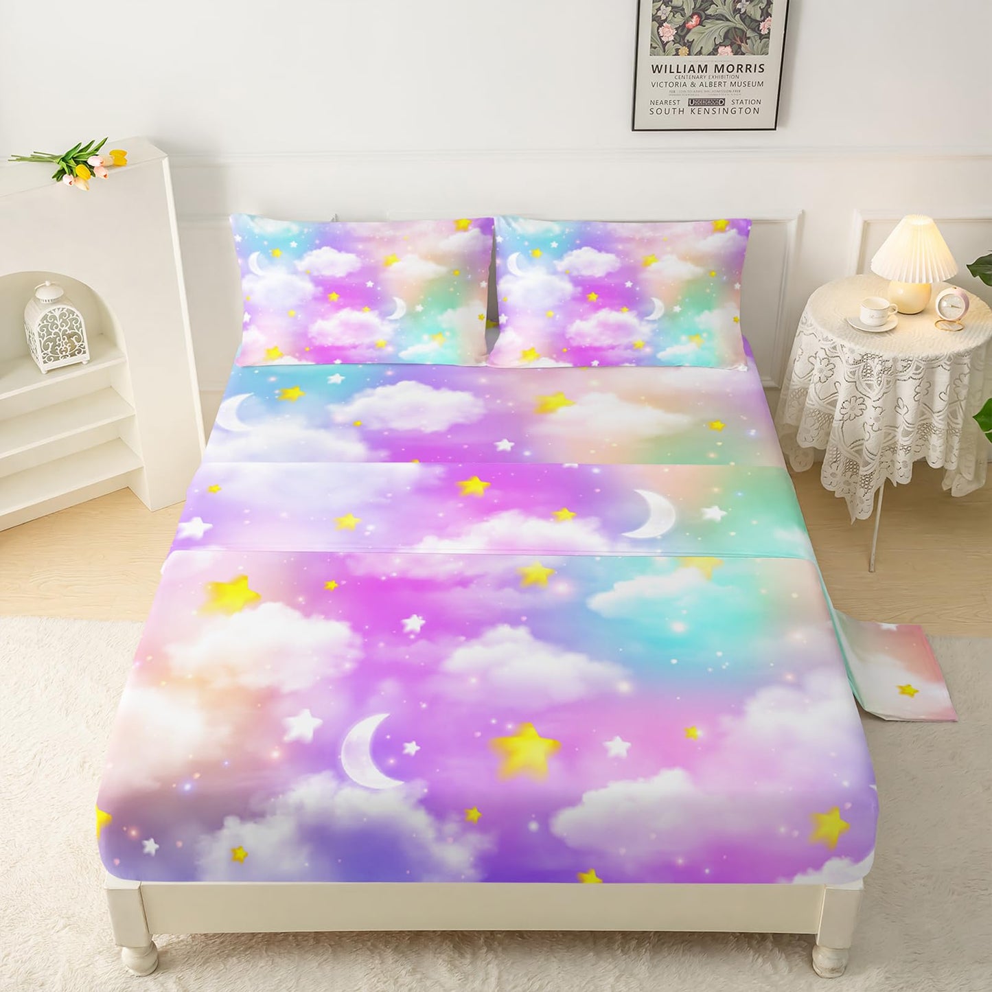QOOMO Rainbow Clouds Kids Bed Sheets Full Size,Moon Star Print Bedding Sheet Set,4Pcs Colorful Gradient Deep Pocket Bed Sets with 1 Fitted Sheet 1 Flat Sheet 2 Pillowcases for Boys Girls Teens