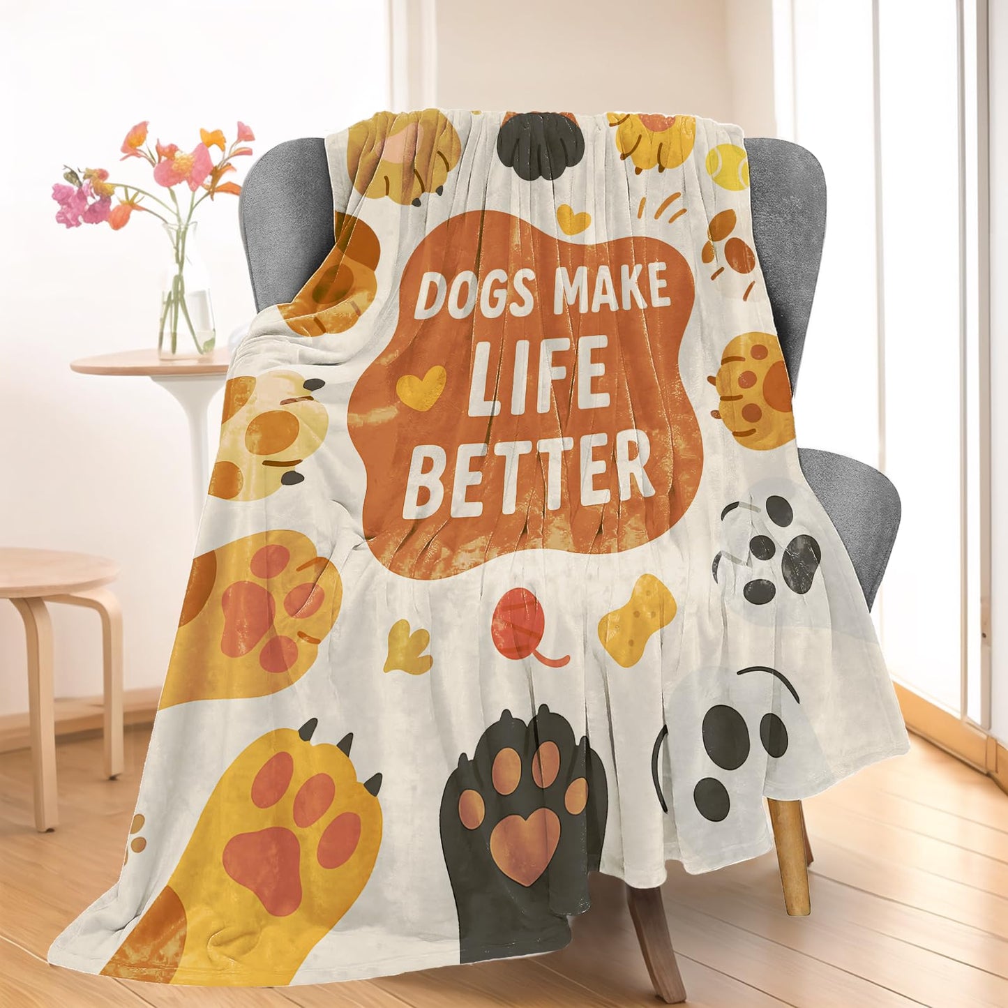 Wanoryer Cute Dog Paw Print Blanket, Comfy & Warm Flannel Inspirational Quote Throw Blanket for Couch, Gifts for Pet Lovers Women Kids, Soft Lightweight Travel Bed Home Blankets for Decor 50"×60"