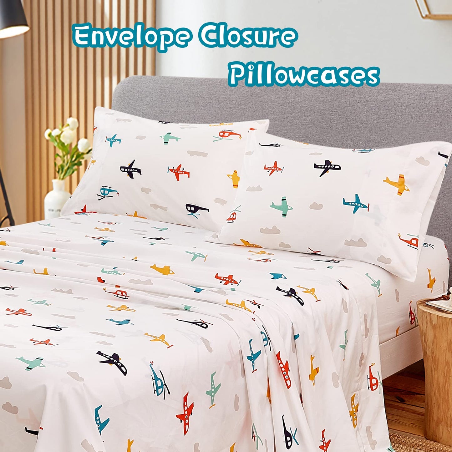 JSD Airplane Kids Sheet Set Twin Size, 3 Piece Soft Printed Microfiber Bed Sheets Deep Pocket