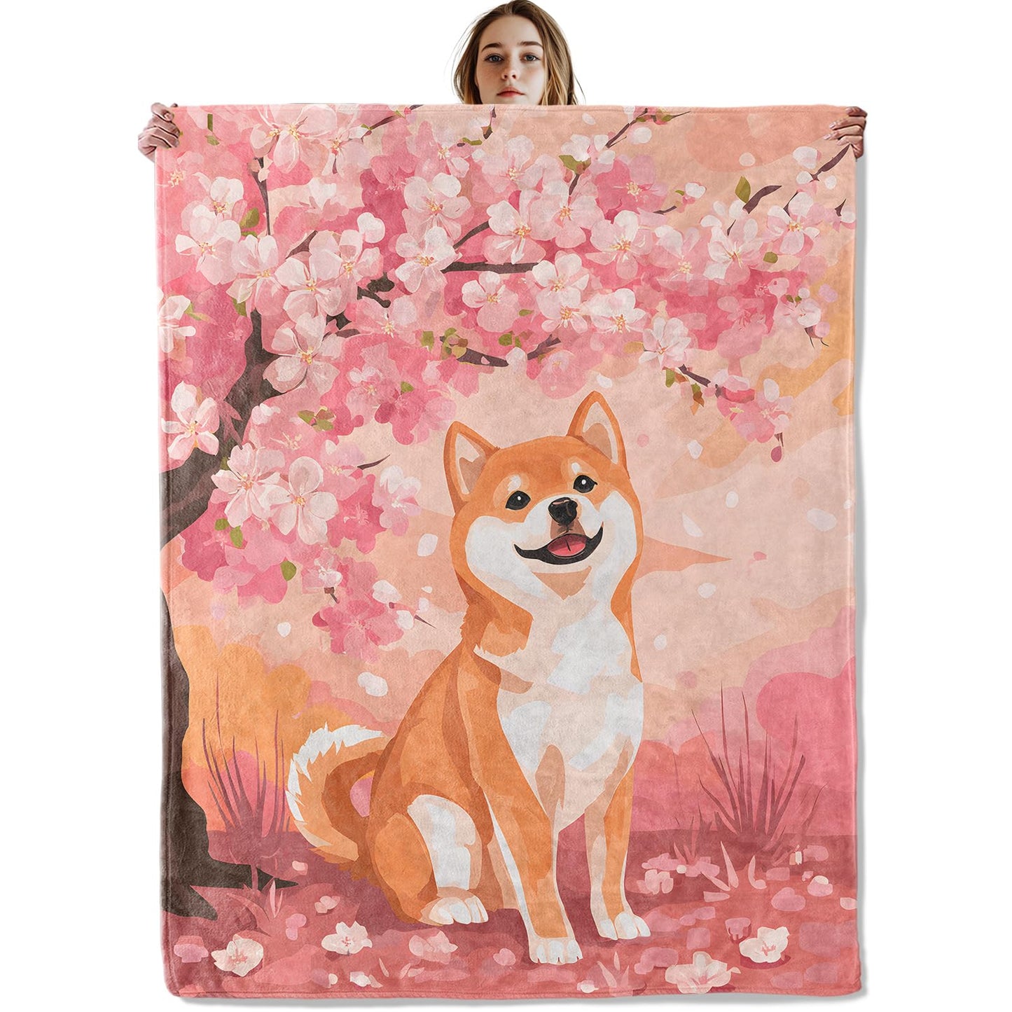 VOPNXLT Cute Shiba Inu Blanket, Soft Cozy Lightweight Adorable Dog Cherry Blossoms Throw Blanket for Girls Women Kids, Pink Aesthetic Sofa Couch Bed 50x60 Inch Flannel Blankets for Travel Decor Gifts