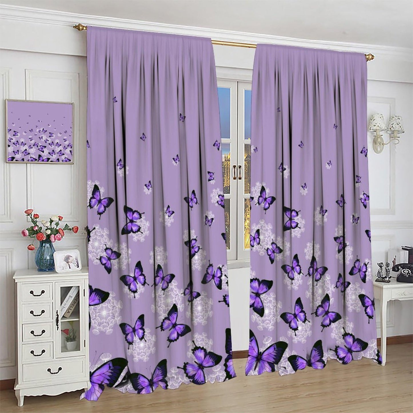 Butterfly Curtains for Girls Bedroom Decor Purple Art Printed Blackout Window Drapes for Living Room Kitchen Decor Fabric Set 2 Panel 42x45 Inch 30% Shading Rate