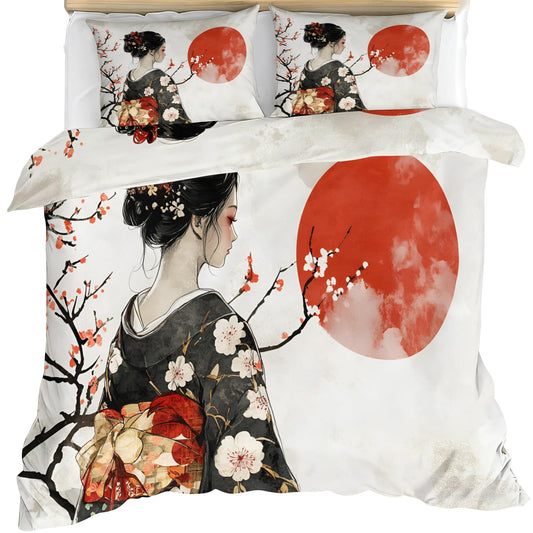 GKPLY Japanese Duvet Cover Set, Asian Girl Comforter Set King, Vintage Girls Bedding Set & Home Decor, Zipper & Ties, Reversible Print, Soft Microfiber & 2 Pillow Cases