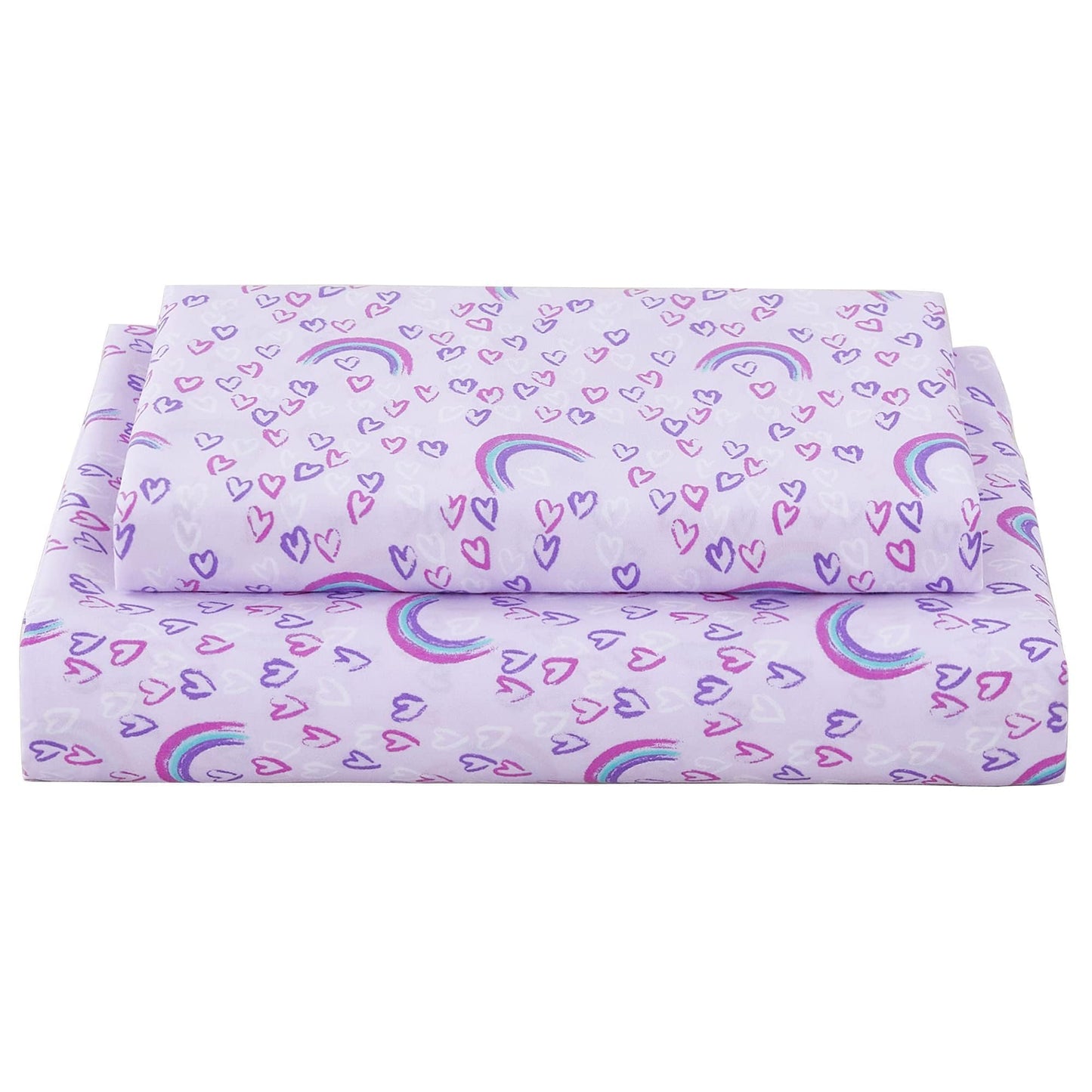 Softan Kids Bed Sheet Set, 3-Piece Twin Sheets Set, Microfiber Fitted Sheet with 15 Inches Deep Pocket and Corner Straps, Breathable & Silky Soft Purple Love Rainbow Pattern Sheet and Pillowcase Sets