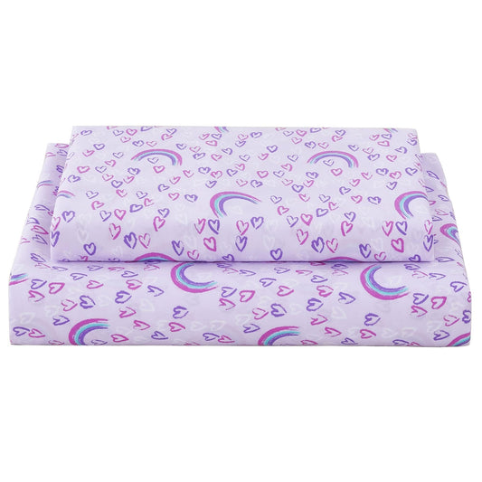 Softan Kids Bed Sheet Set, 3-Piece Twin Sheets Set, Microfiber Fitted Sheet with 15 Inches Deep Pocket and Corner Straps, Breathable & Silky Soft Purple Love Rainbow Pattern Sheet and Pillowcase Sets