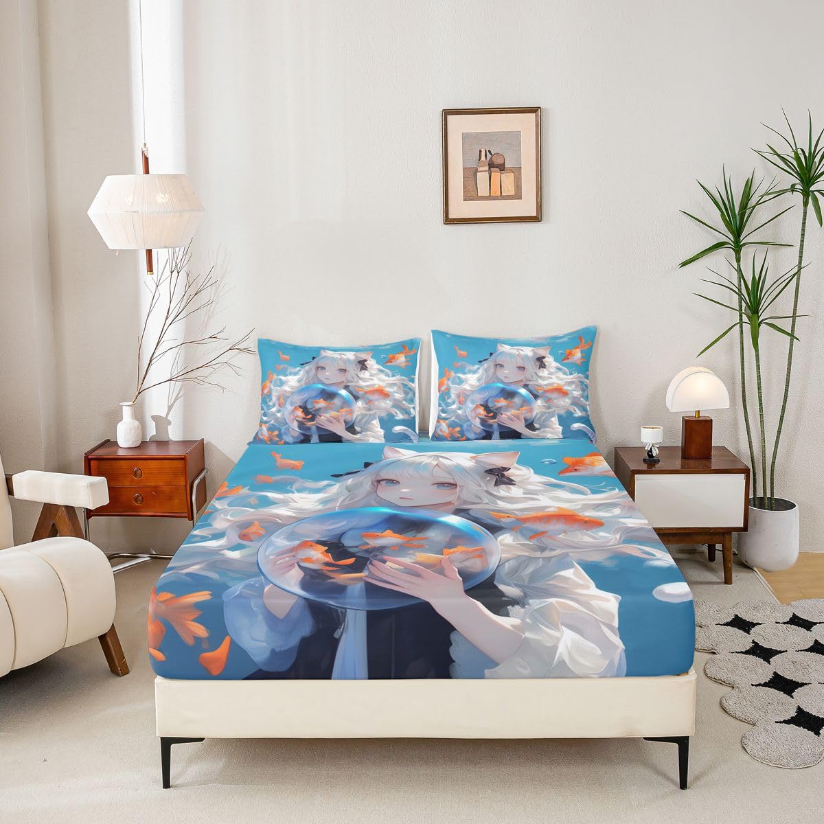 Japanese Girl Fitted Twin 2Pcs Anime Printed Design Bedding Sets, Kawaii Girls Boys Decorations Sheets (No Top Sheet)