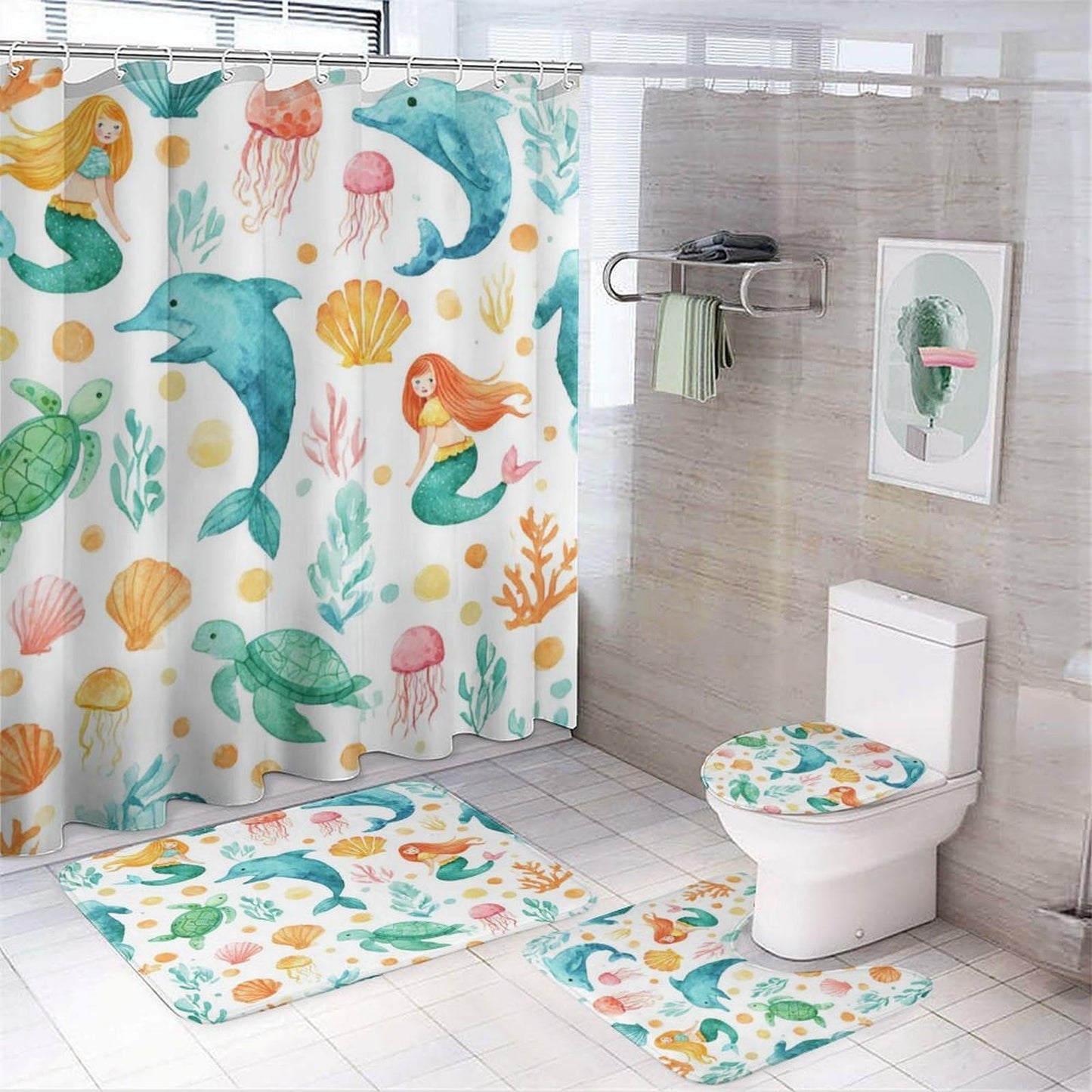 INSFBRB Cartoon Cute Dolphin Shower Curtain Sets with Rug,Toilet Lid Cover and Bath Mat,Watercolor Colorful Sea Dolphins Sea Turtle Jellyfish Seashell Mermaid 4 Piece Bathroom Set