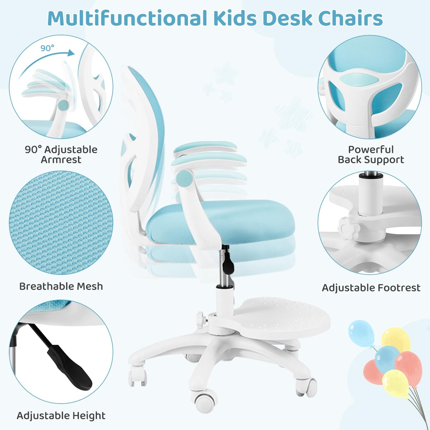 HOMMOW Kids Desk Chair,Ergonomic Study Chairs with Adjustable Height,Breathable Mesh Removable,Non-Slip Footrests,Suitable for Children Aged 5-12 Years Old,Blue