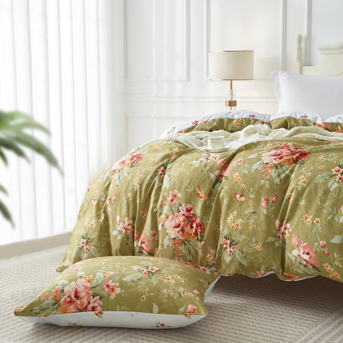 mixinni Duvet Cover King Size, Long Staple Cotton Reversible Green Floral Duvet Cover Set with Zipper Ties, 3 Pieces Botanical Pink Flowers and Green Branches Patterns Bedding Set
