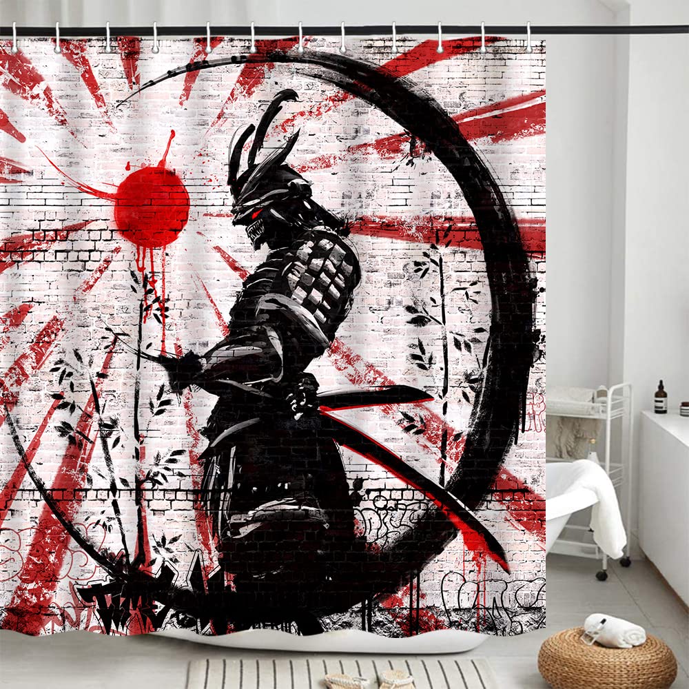 iTapnoom Japanese Samurai Shower Curtain, Asian Japan Cool Anime Red and Black Men Shower Curtains Set Sun Moon Art Fabric for Bathroom Decor Bath Accessories with Hooks 72X72 inch