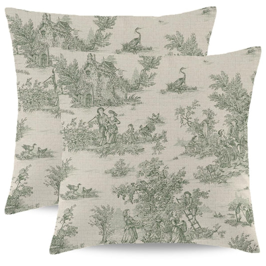 Wsunsal Dark Green Toile Pillow Covers 20x20 Inch Set of 2 Vintage French Country Throw Pillow Cover Farmhouse Square Linen Cushion Cover Decor for Home Sofa Bedroom Outdoor Indoor