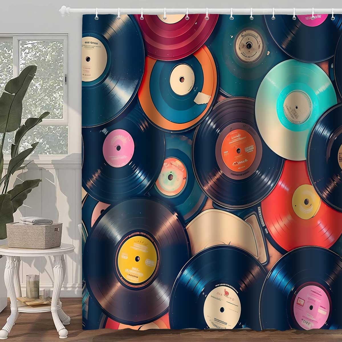 TPMDFC Retro Music Shower Curtain 72x72inch Music Records Bathroom Shower Curtains, Musicial Disc Album Bathroom Bathtubs Decor Set with 12 Hooks YLOKTP0444
