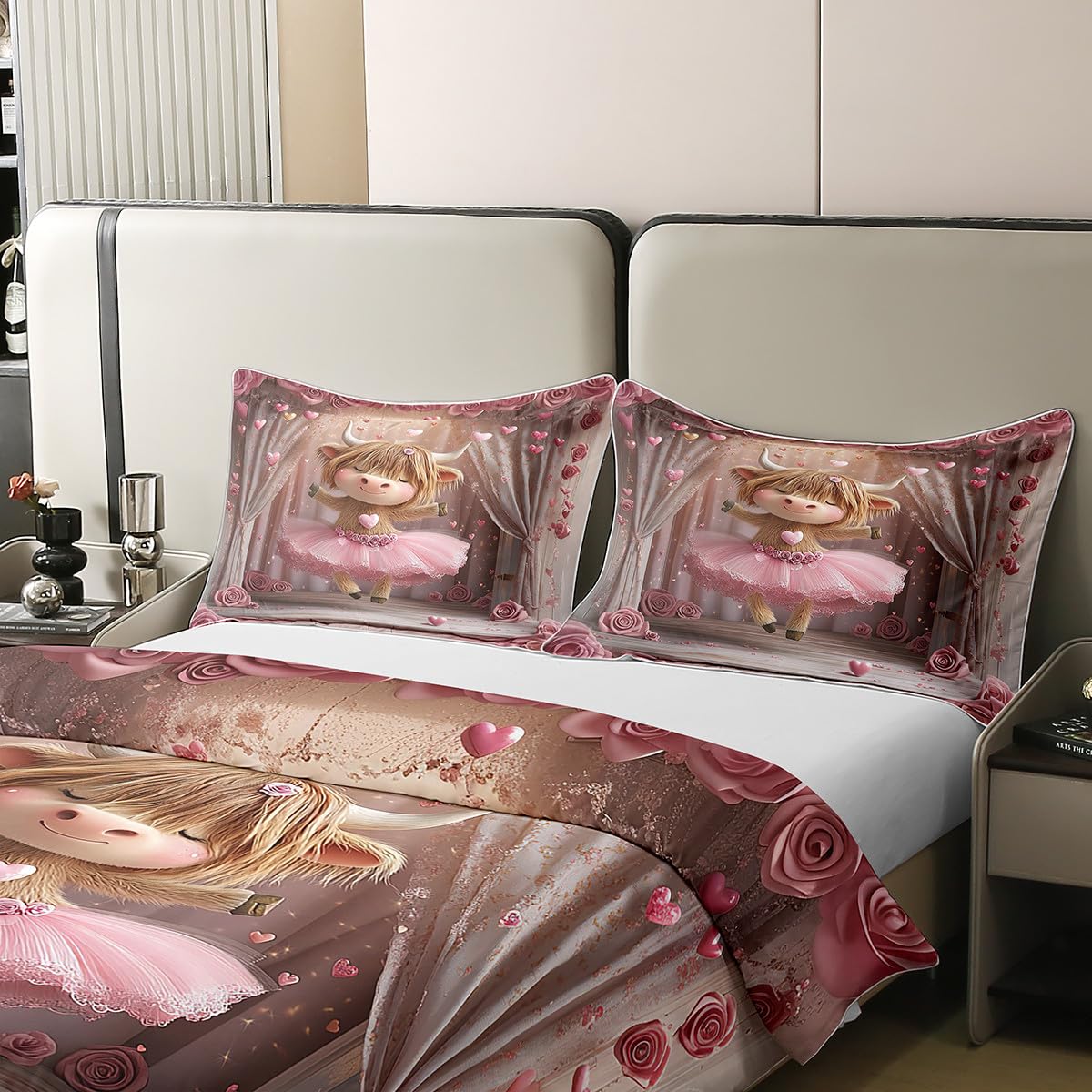 Manfei Cute Cattle 100% Cotton Duvet Cover Set Twin Size, Kawaii Ballet Dancer Bedding Set 2pcs, Pink Flower Heart Print Quilt Cover, Kids Girls Teen Room Decor, 1 Pillowcase,No Comforter