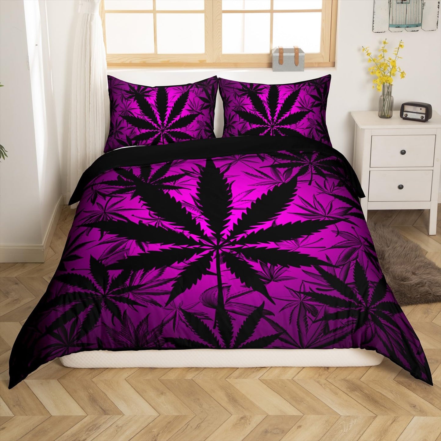 Erosebridal Leaf Bedding Set for Kids Boys Girls Teens,Neon Leaves Duvet Cover Queen,Leaf Bed Sets Lightweight,Botanical Plants Quilt Cover with 2 Pillowcases