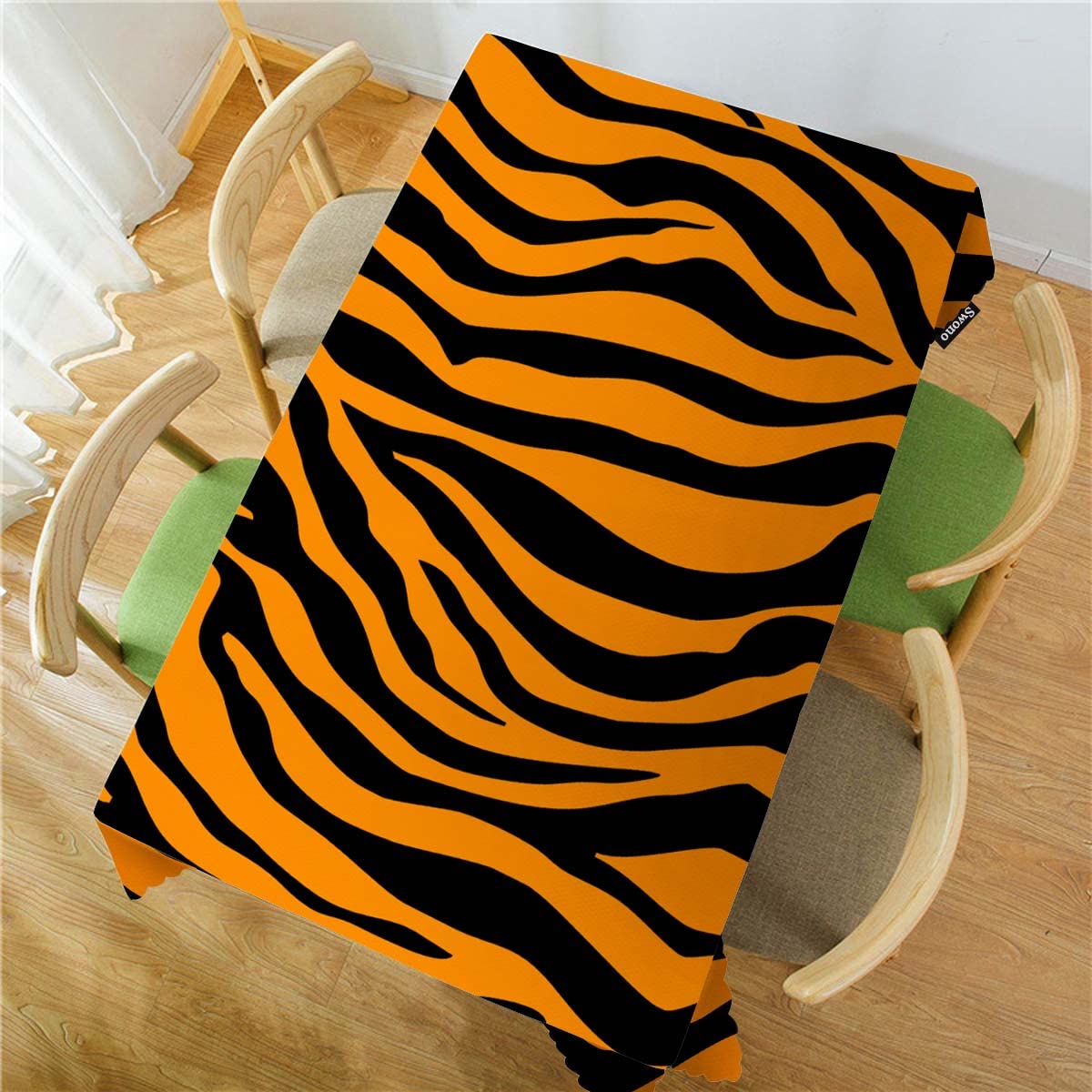 Swono Tiger Print Tablecloth African Animal Tiger Skin Orange Black Stripe Decorative Table Cover for Kitchen, Party Banquet and Holiday Tablecloth, 52x70 Inch(4-6 Seats)