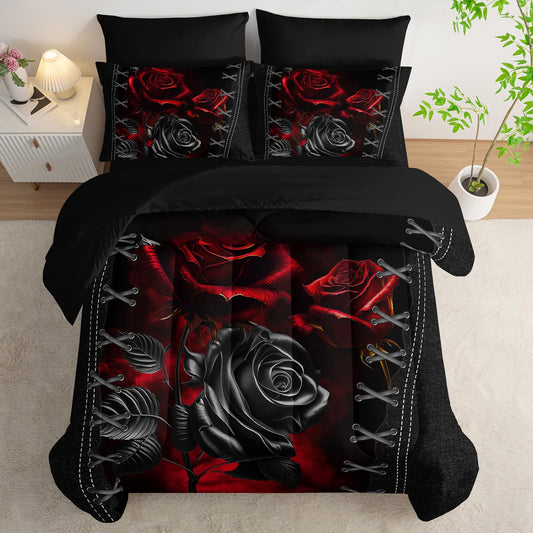 AILONEN Black and Red Rose Comforter Set Full,7-Piece Flower Bed in a Ba,Soft Comforter & Fitted Sheet with Flat Sheet & 2 Pillowcases,2 Pillow Shams for Bedroom