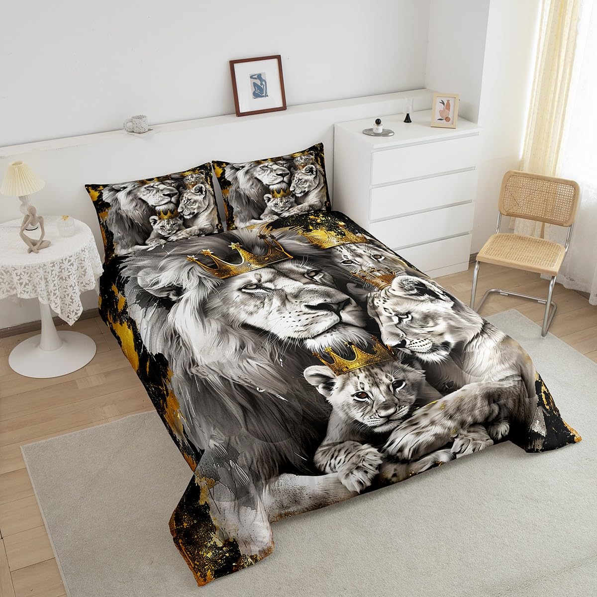 Manfei Lion Family Kids Comforter Set Twin Size,Gold King and Queen Crown Bedding Set,Boys Men Room Decor,Tropical Wild African Animal Hunting Adventure Down Comforter,Grey Duvet Insert,1 Pillowcase