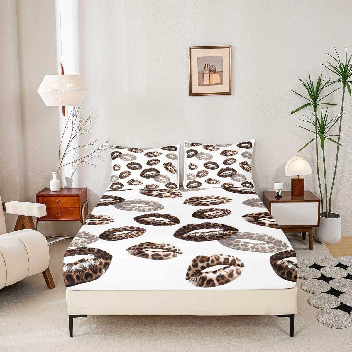 Feelyou Leopard Print Lips Fitted Sheet with 2 Pillowcases Full Size Romantic Kissing Lips Bed Sheets Set 16" Deep Pocket Boys Girls Cheetah Print Bedding Teens Bedroom Decor Soft Microfiber