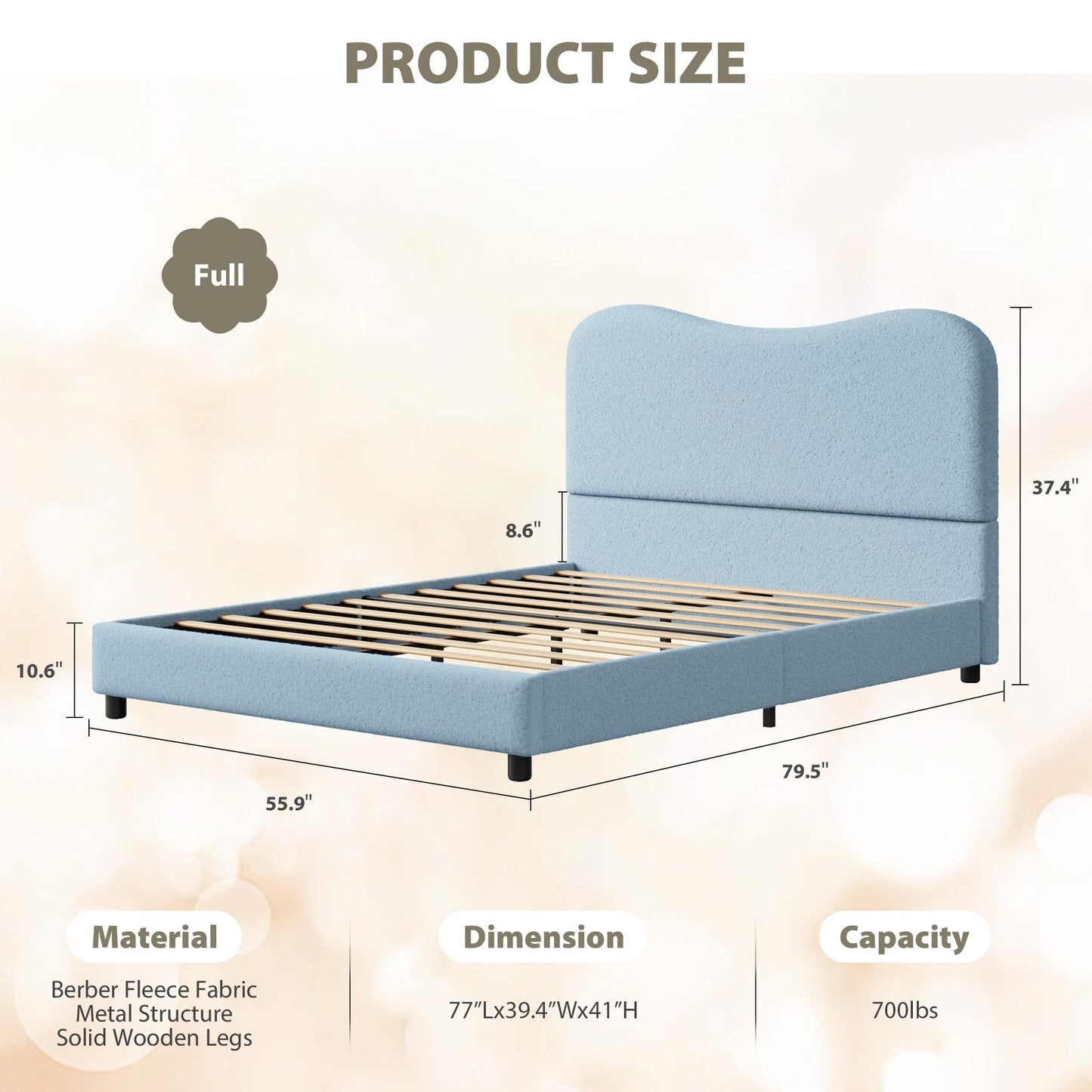 GarveeHome Boucle Full Size Bed Frame with Upholstered Headboard, Soft Low Profile Sturdy Platform Bed with Rounded Corners Design, Heavy Duty, Wooden Slats, Noise Free, No Box Spring Needed, Blue
