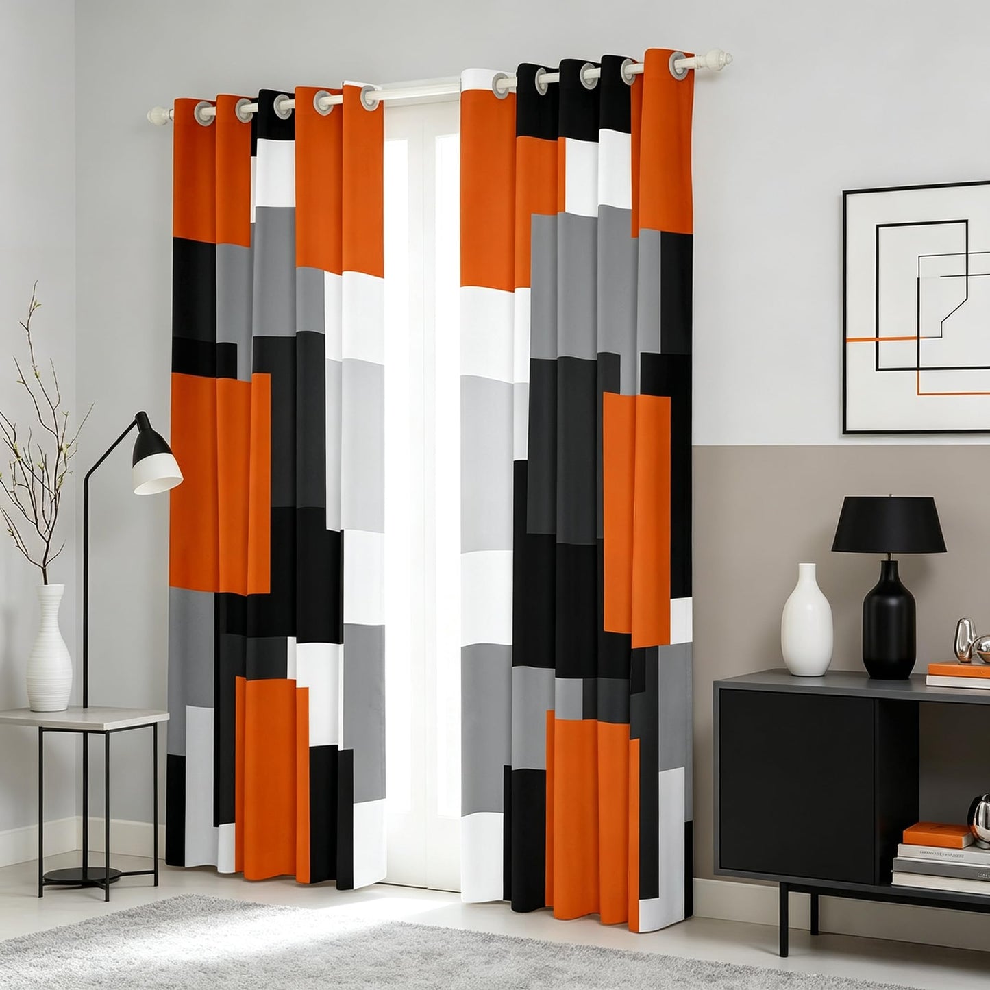 jejeloiu Geometric Curtains for Bedroom Living Room Orange Black Gray Blackout Shades Plaid Buffalo Check Room Darkening Curtain Modern Art Window Treatments, 2 Panels 52 x 63 Inch Decor
