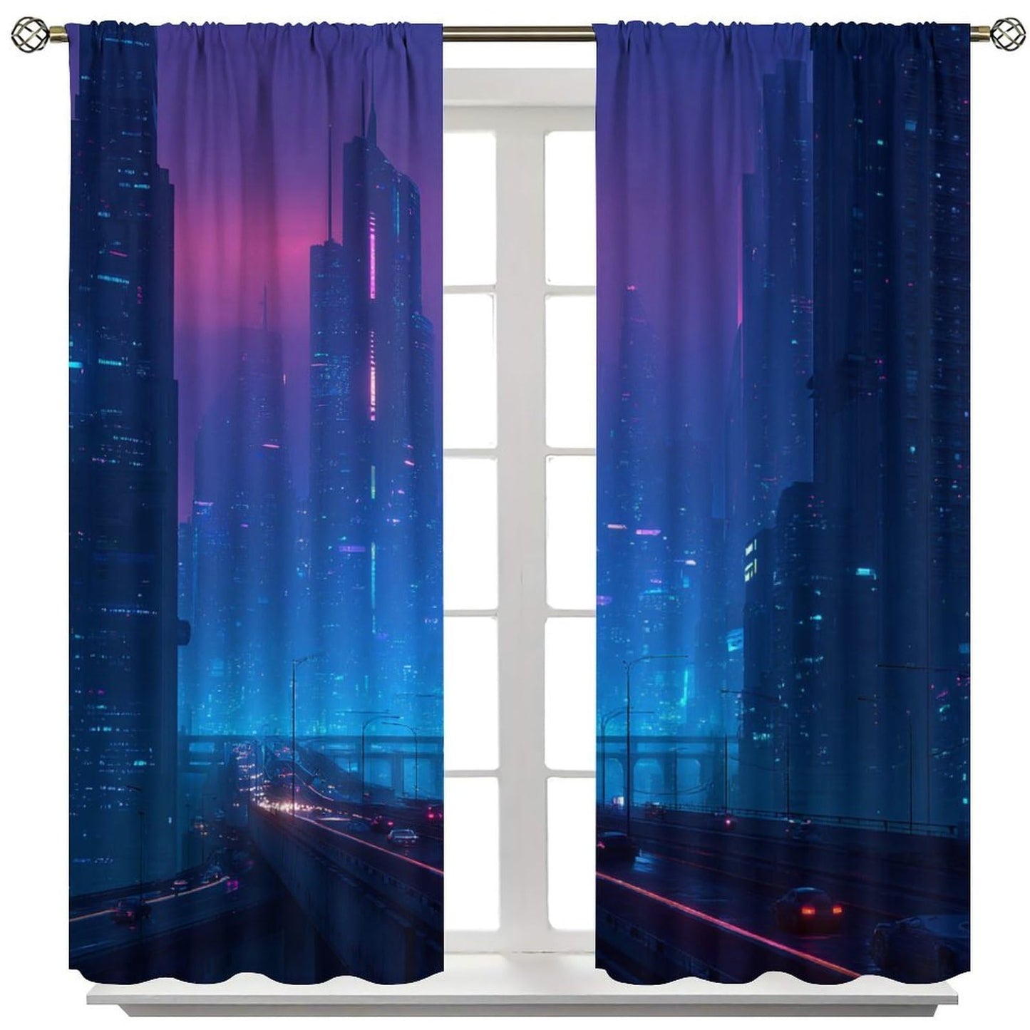 WDHTEXT Novelty Cityscape Blackout Window Curtain Panels, Building Road Rod Pocket Window Drapes for Living Room Bedroom, 2 Panels, Each 21W x 45L